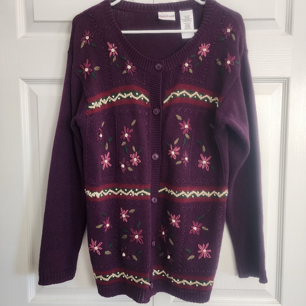 Bobbie Brooks Purple Plum Cottage Floral Knit Grandmacore Button Up Sweater, S